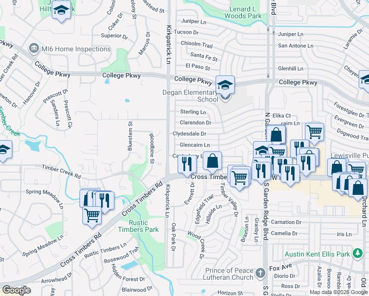 map of restaurants, bars, coffee shops, grocery stores, and more near 1749 Glencairn Lane in Lewisville