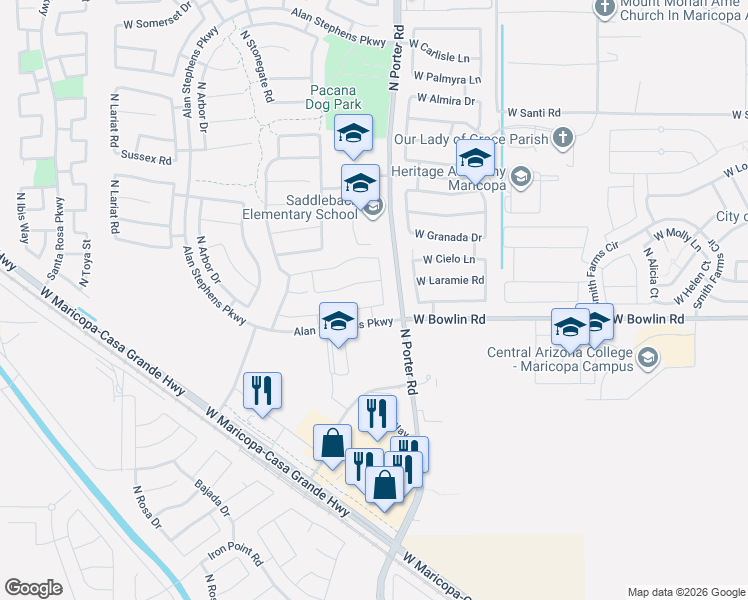 map of restaurants, bars, coffee shops, grocery stores, and more near 18177 North Tara Lane in Maricopa