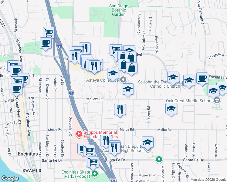 map of restaurants, bars, coffee shops, grocery stores, and more near 668 Westlake Street in Encinitas