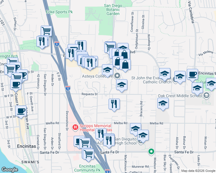 map of restaurants, bars, coffee shops, grocery stores, and more near 531 Requeza Street in Encinitas