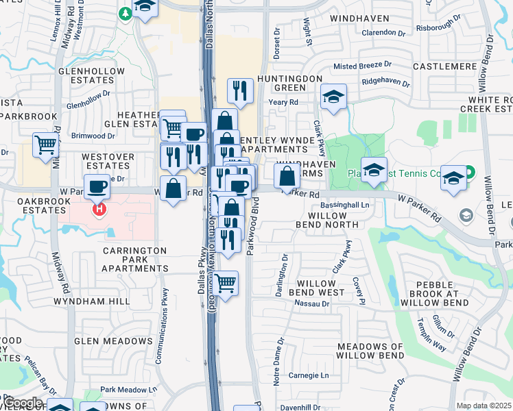 map of restaurants, bars, coffee shops, grocery stores, and more near 3230 Parkwood Boulevard in Plano