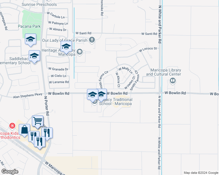 map of restaurants, bars, coffee shops, grocery stores, and more near 40584 West Helen Court in Maricopa