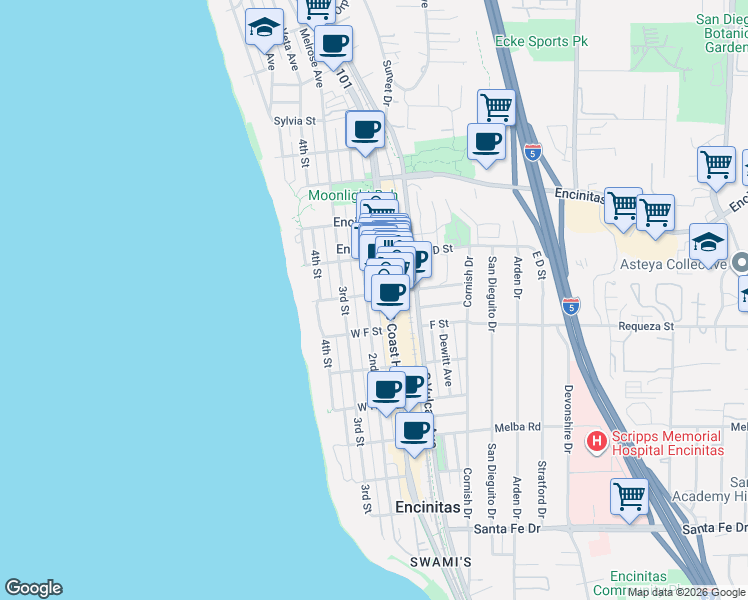 map of restaurants, bars, coffee shops, grocery stores, and more near in Encinitas
