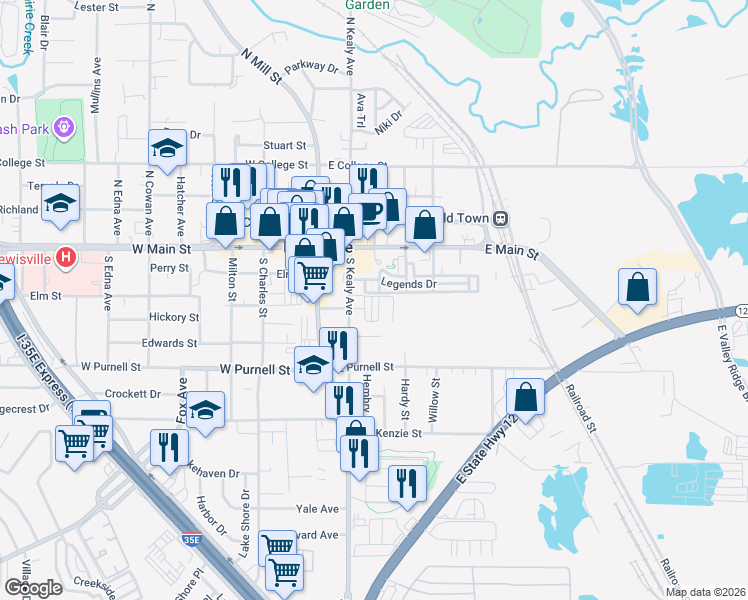 map of restaurants, bars, coffee shops, grocery stores, and more near 300 Legends Drive in Lewisville