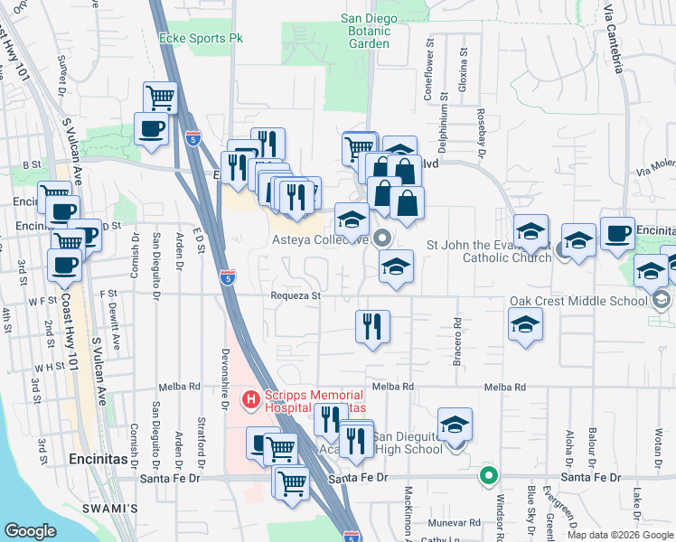 map of restaurants, bars, coffee shops, grocery stores, and more near 647 Manzanita Lane in Encinitas