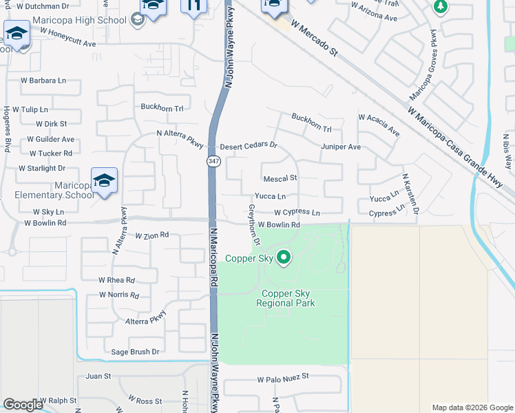 map of restaurants, bars, coffee shops, grocery stores, and more near 44479 Yucca Lane in Maricopa