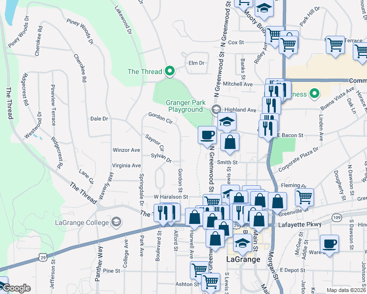 map of restaurants, bars, coffee shops, grocery stores, and more near 410 Gordon Street in LaGrange