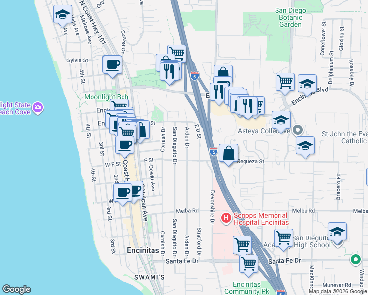 map of restaurants, bars, coffee shops, grocery stores, and more near 636 Arden Drive in Encinitas