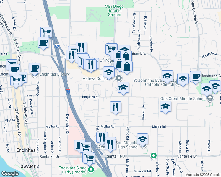 map of restaurants, bars, coffee shops, grocery stores, and more near 650 Westlake Street in Encinitas