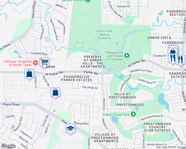 map of restaurants, bars, coffee shops, grocery stores, and more near 7045 Rembrandt Drive in Plano
