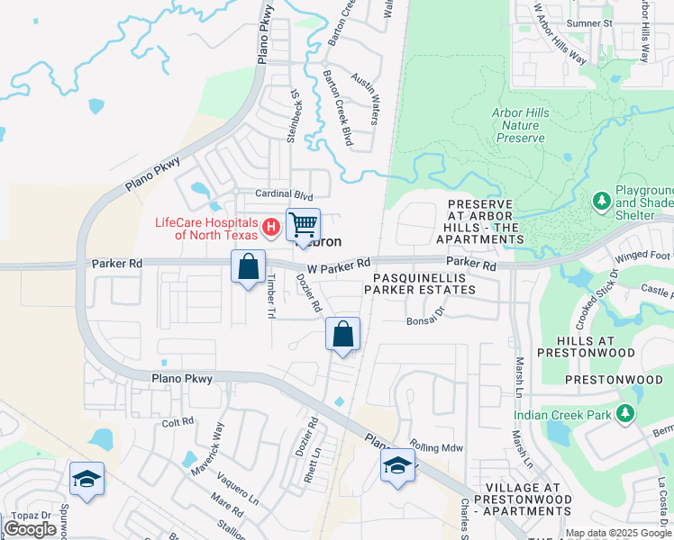 map of restaurants, bars, coffee shops, grocery stores, and more near 2425 Parker Road in Carrollton