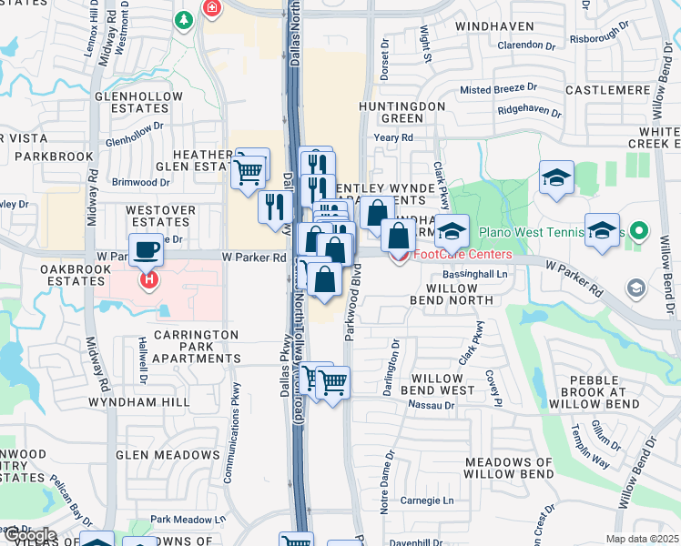 map of restaurants, bars, coffee shops, grocery stores, and more near 5967 West Parker Road in Plano