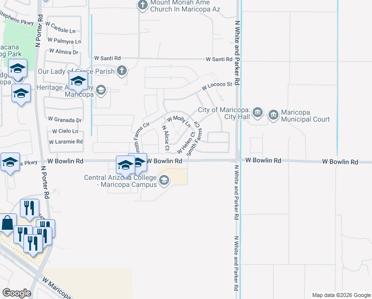 map of restaurants, bars, coffee shops, grocery stores, and more near 40317 West Helen Court in Maricopa