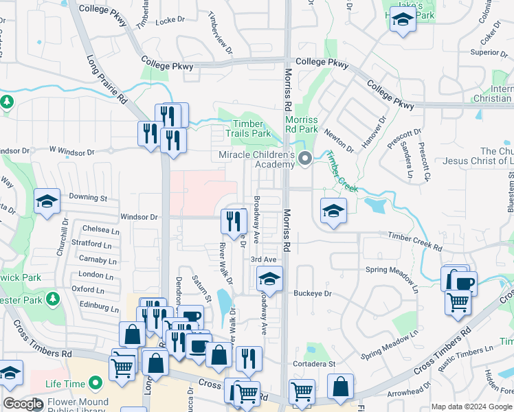 map of restaurants, bars, coffee shops, grocery stores, and more near 4100 Broadway Avenue in Flower Mound