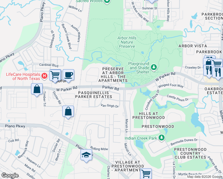 map of restaurants, bars, coffee shops, grocery stores, and more near 7045 Rembrandt Drive in Plano