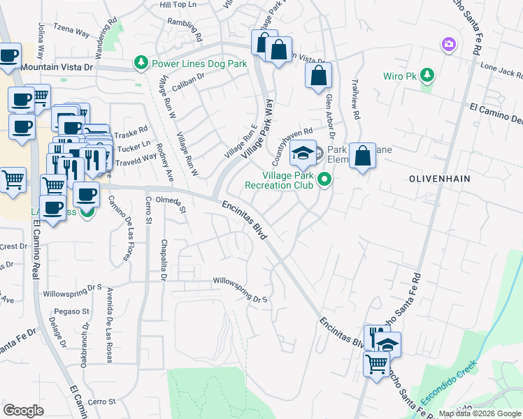 map of restaurants, bars, coffee shops, grocery stores, and more near 102 Oxbow Lane in Encinitas