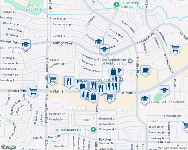 map of restaurants, bars, coffee shops, grocery stores, and more near 1334 Dogwood Trail in Lewisville