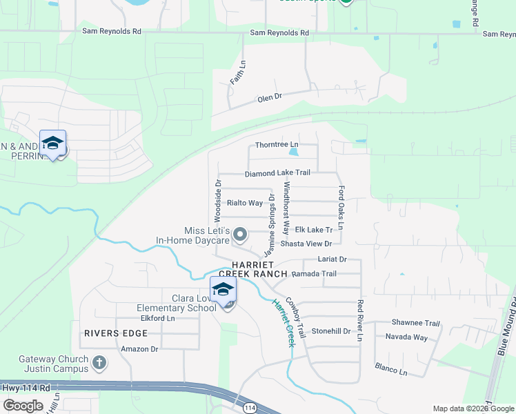 map of restaurants, bars, coffee shops, grocery stores, and more near 1733 Rialto Way in Justin