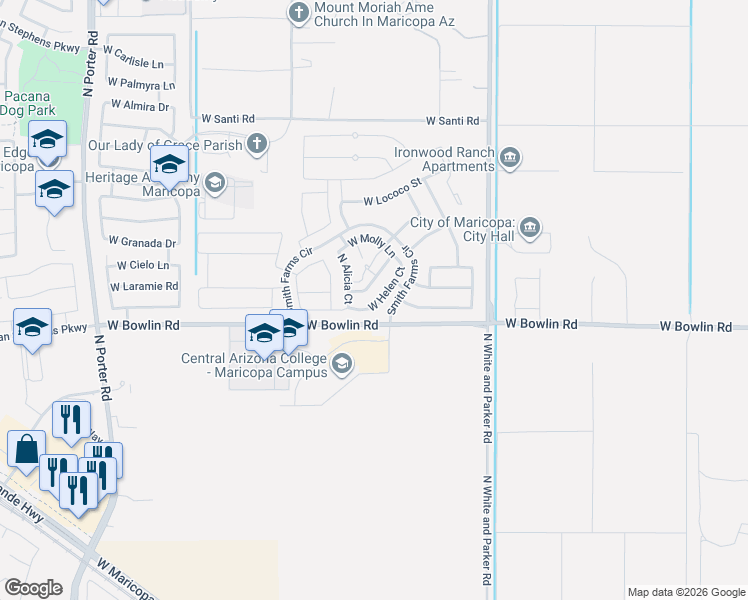 map of restaurants, bars, coffee shops, grocery stores, and more near 40340 West Helen Court in Maricopa