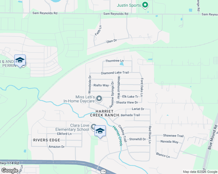 map of restaurants, bars, coffee shops, grocery stores, and more near 1733 Rialto Way in Justin