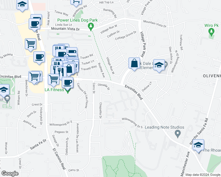 map of restaurants, bars, coffee shops, grocery stores, and more near 1648 Olmeda Street in Encinitas