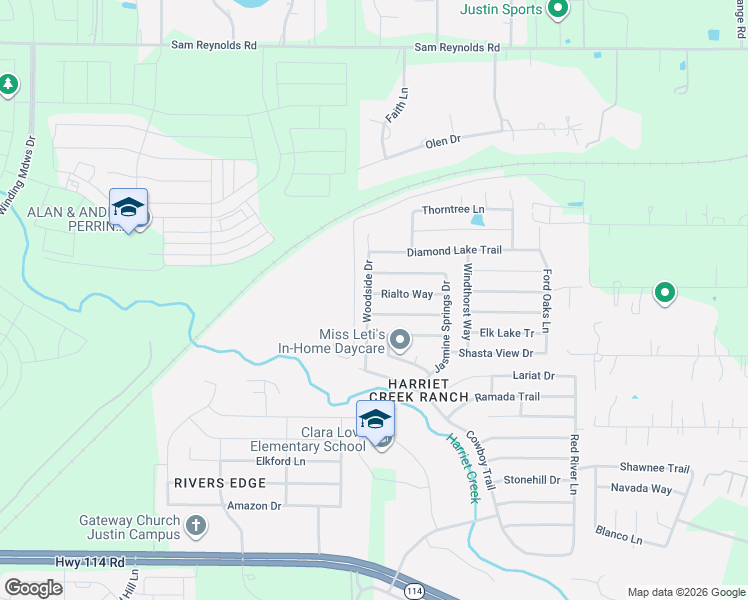 map of restaurants, bars, coffee shops, grocery stores, and more near 1601 Rialto Way in Justin