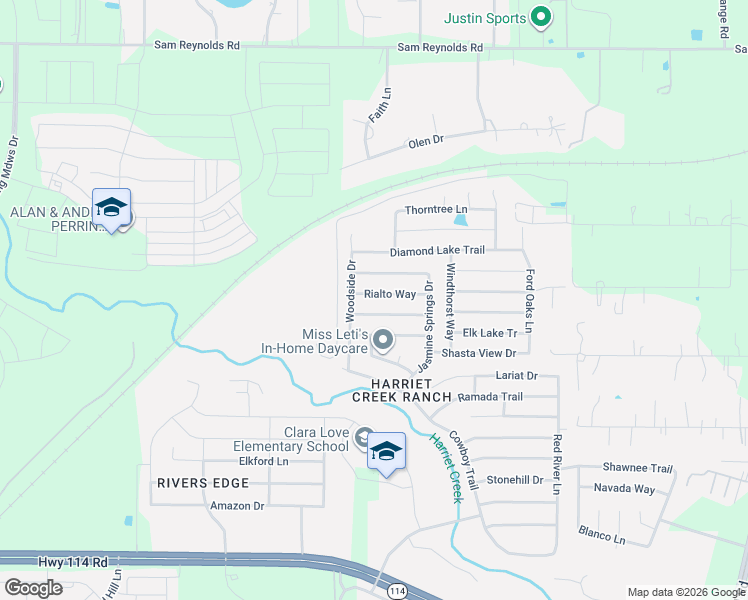 map of restaurants, bars, coffee shops, grocery stores, and more near 1701 Rialto Way in Justin