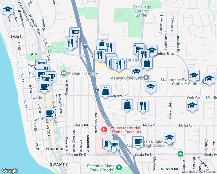 map of restaurants, bars, coffee shops, grocery stores, and more near 404 Swamis Lane in Encinitas