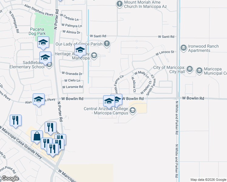 map of restaurants, bars, coffee shops, grocery stores, and more near 18186 West Kristal Lane in Maricopa