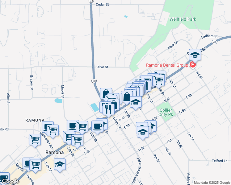 map of restaurants, bars, coffee shops, grocery stores, and more near 842 A Street in Ramona