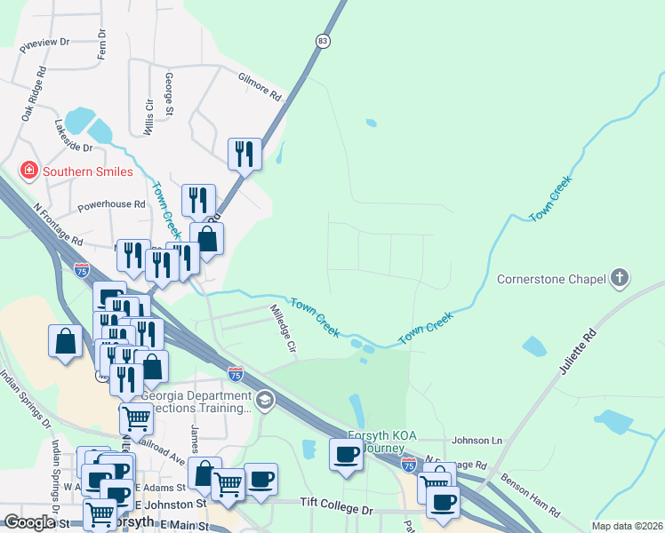map of restaurants, bars, coffee shops, grocery stores, and more near 4604 Capulet Court in Forsyth