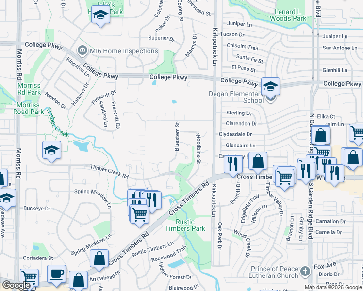 map of restaurants, bars, coffee shops, grocery stores, and more near 1214 Bois D Arc Court in Flower Mound