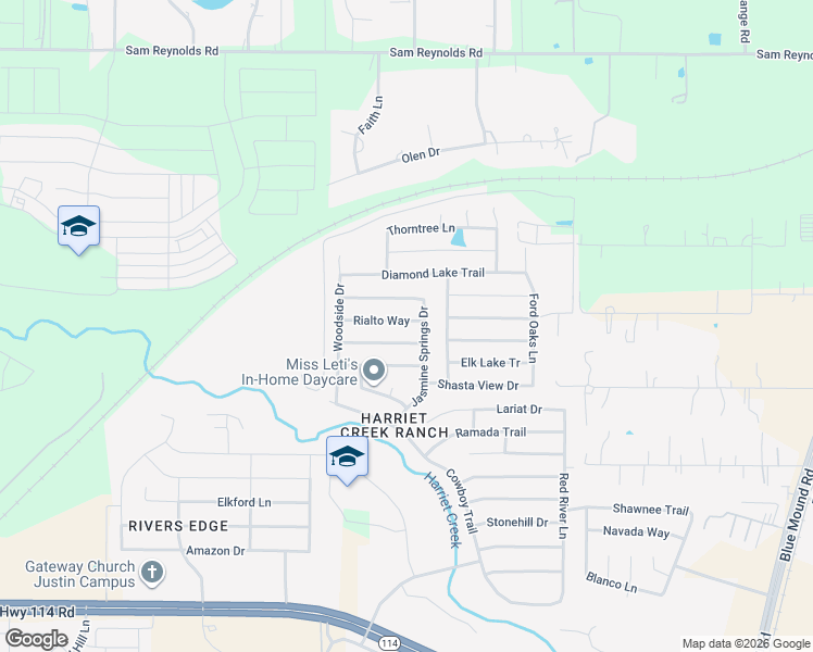 map of restaurants, bars, coffee shops, grocery stores, and more near 1724 Rialto Way in Justin