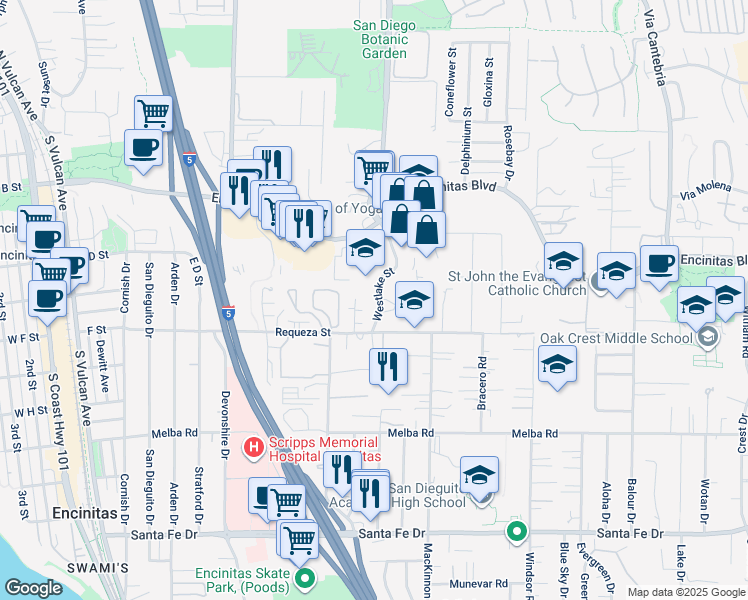 map of restaurants, bars, coffee shops, grocery stores, and more near 656 Westlake Street in Encinitas