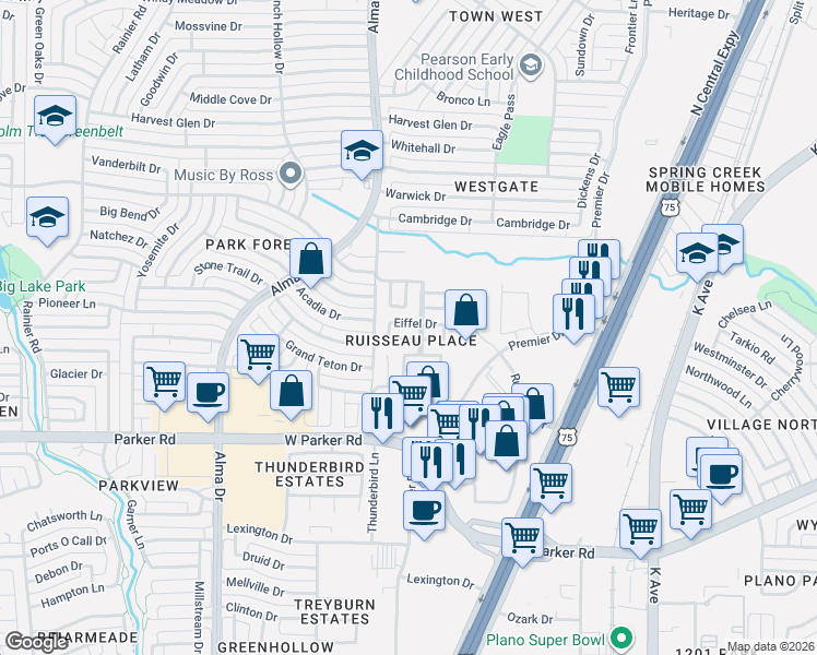 map of restaurants, bars, coffee shops, grocery stores, and more near 775 Eiffel Drive in Plano