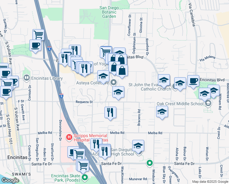 map of restaurants, bars, coffee shops, grocery stores, and more near 655 Westlake Street in Encinitas