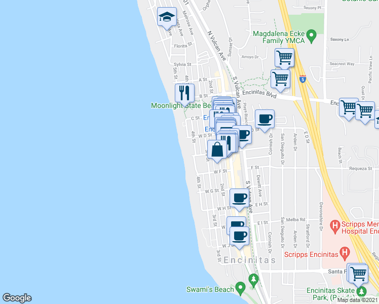map of restaurants, bars, coffee shops, grocery stores, and more near 548 4th Street in Encinitas