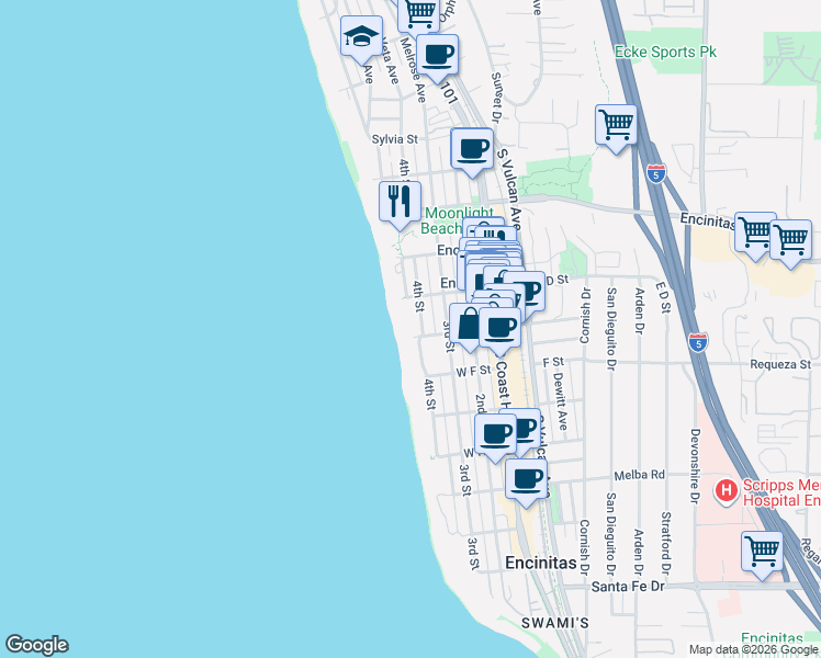 map of restaurants, bars, coffee shops, grocery stores, and more near 548 4th Street in Encinitas