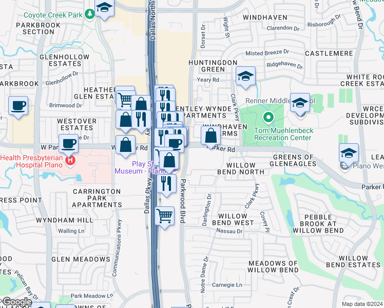 map of restaurants, bars, coffee shops, grocery stores, and more near 5952 W Parker Rd in Plano