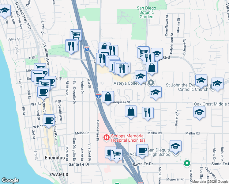 map of restaurants, bars, coffee shops, grocery stores, and more near 450 Villa Blanca Court in Encinitas