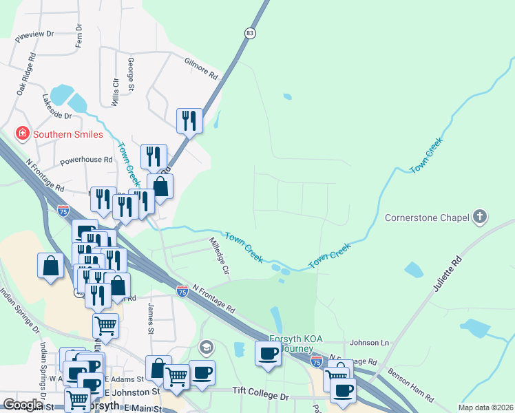 map of restaurants, bars, coffee shops, grocery stores, and more near 4604 Capulet Court in Forsyth