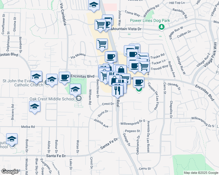 map of restaurants, bars, coffee shops, grocery stores, and more near 1327 Encinitas Boulevard in Encinitas