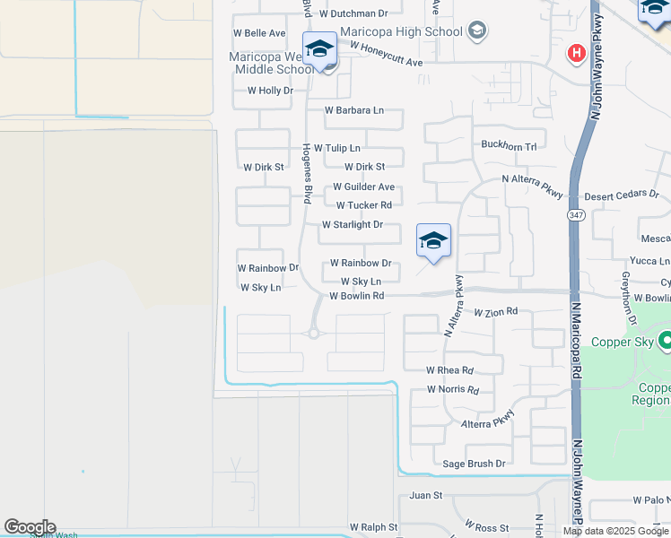 map of restaurants, bars, coffee shops, grocery stores, and more near 45722 Rainbow Drive in Maricopa