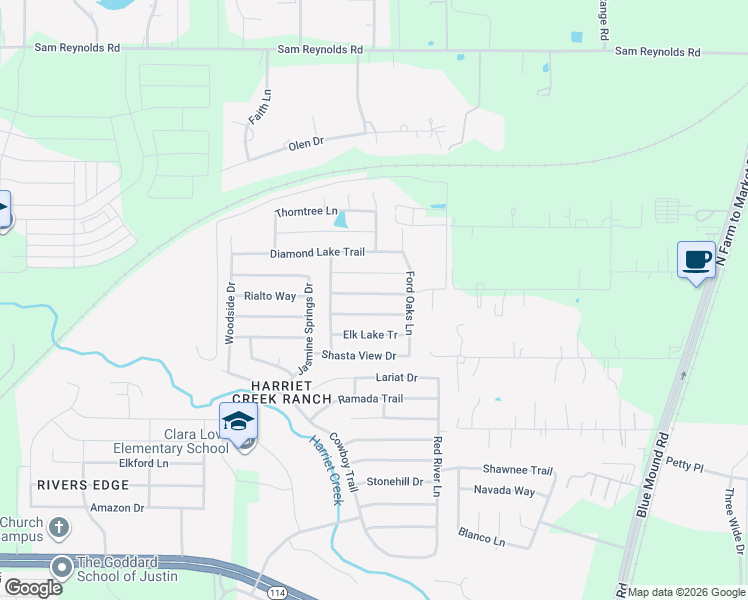 map of restaurants, bars, coffee shops, grocery stores, and more near 1837 J Cheshier Road in Justin