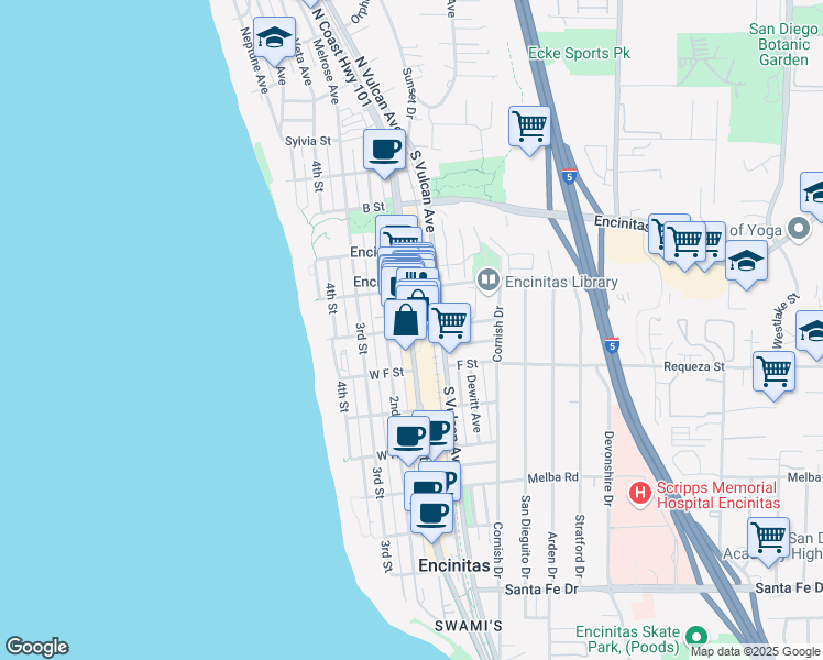 map of restaurants, bars, coffee shops, grocery stores, and more near 105 West D Street in Encinitas