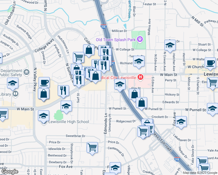 map of restaurants, bars, coffee shops, grocery stores, and more near 211 South Stemmons Freeway in Lewisville