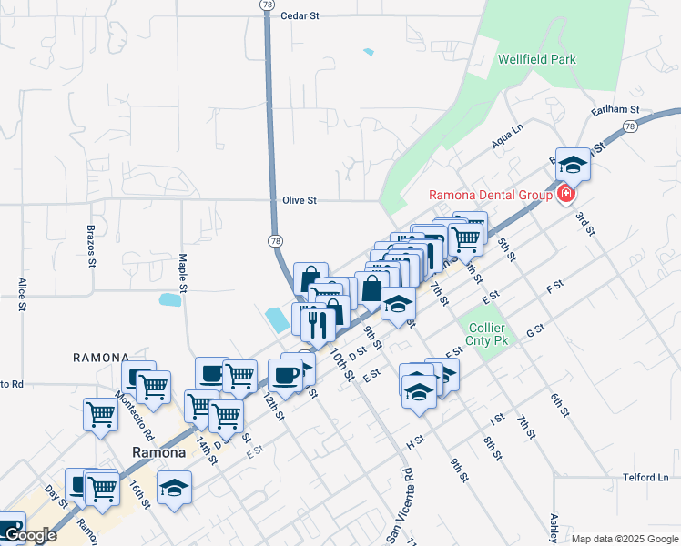 map of restaurants, bars, coffee shops, grocery stores, and more near 842 A Street in Ramona