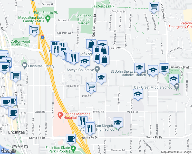 map of restaurants, bars, coffee shops, grocery stores, and more near 650 Westlake Street in Encinitas