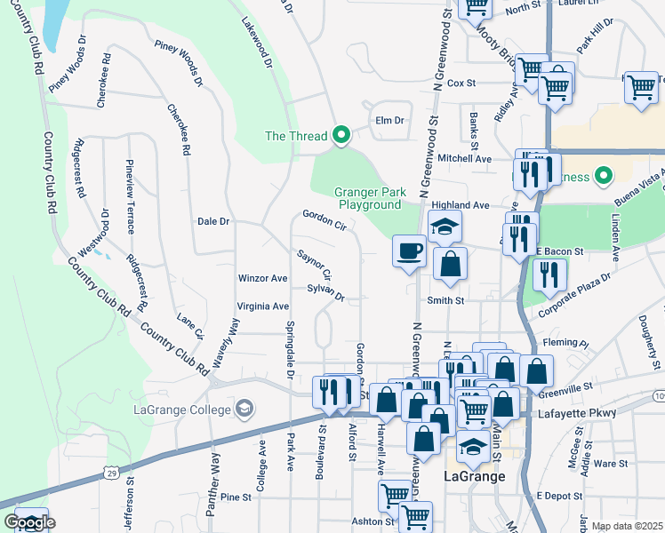 map of restaurants, bars, coffee shops, grocery stores, and more near 110 Saynor Circle in LaGrange