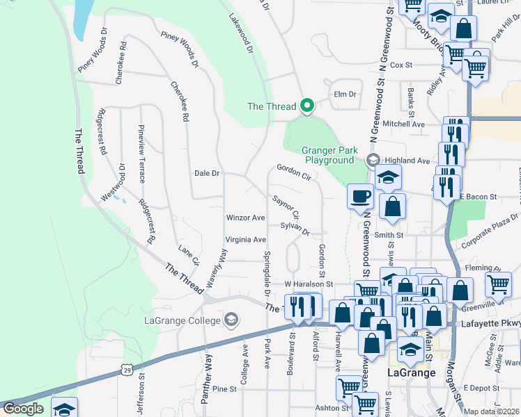 map of restaurants, bars, coffee shops, grocery stores, and more near 510 Springdale Drive in LaGrange